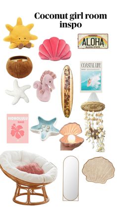 a collage of various items including shells, seashells and other things on display