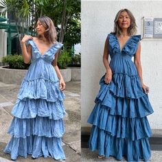 Boho ruffle maxi dress with strings to tie at the back. Elastic waist. 4 layered at the skirt part. Lined. 100% cotton. Color Blue. Measurements: One size will fit US size 2-20 Bust up to 45 inches around. Neck deep 10 inches. (Front) and 13 inches deep in the back. Waist 20 stretch up to 45 inches. Hip up to 54 inches. Length 54 inches. CARE: Machine wash cold. This dress already been wash. Sleeveless Bohemian Maxi Dress With Ruffles, Floor-length Ruffled Maxi Dress For Beach, Beach Floor-length Maxi Dress With Ruffles, Floor-length Ruffled Sundress Maxi Dress, Floor-length Ruffles Sundress Maxi, Floor-length Ruffled Sundress, Flowy Tiered Bohemian Maxi Dress, Bohemian Tiered Ruffle Dresses, Flowy Boho Maxi Dress With Ruffles