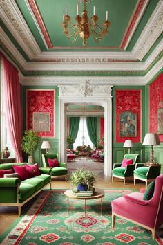 a living room with green and pink furniture