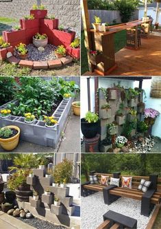 several different types of outdoor furniture made out of cinder blocks and wood pallet boards