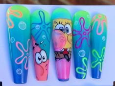 Nails With Cartoon Characters, Nail Character Art, Spongebob Sky Nails, Spongebob And Patrick Nails, Character Nails Designs, Peppa Pig Nails, Character Art Nails, Spongebob Nails Designs, Nails Spongebob