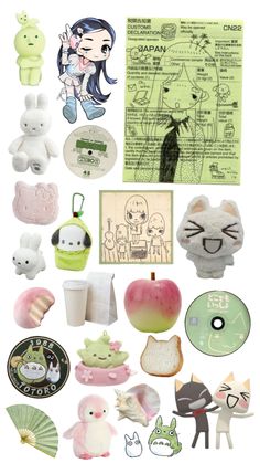 an assortment of stuffed animals and other items are shown in this image, including paper