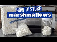 marshmallows are being packaged in plastic bags and placed on a counter top