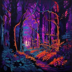 an image of a painting of trees and plants in the woods at night with bright colors