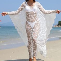 White Loose And Flowy , Sheer And Sexy Gothic Beauty Floral Lace Floor Length Maxi Dress/ Lingerie / Beach Coverup Free Size Fits Most But Due To Length It May Be Too Long For Petite Heights Without Heels Length 60" Bust 84" Polyester , Soft With Some Stretch This Could Be Made Part Of A Custom Costume With It's Flowy Sleeves - Maybe A Pretty Ghost , Or Under Butterfly Or Moth Wings To Make The Wings Seem Longer And More Full Black Is Also Shown For Details. More Colors Are Listed Separately In White Floral Lace Dress, Lace Kaftan, Gothic Bohemian, Ruffle Long Dress, Dresses Sheer, Blue Evening Gowns, Floor Length Maxi Dress, Moth Wings, Cover Up Beach