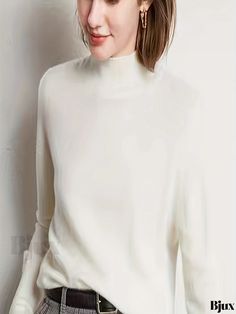 Bjux - Premium Quality Womens Mock Neck Knitted Pullover Sweater Featuring Solid Long Sleeve Design - Perfect for Stylish Fall and Winter Wear Soft Knit Funnel Neck Tops For Work, Winter White Long Sleeve Knit Top For Winter, Cream Soft Knit Tops For Winter, White Soft Knit Tops For Workwear, White Knit Top For Winter Layering, White Long Sleeve Knit Top For Work, White Soft Knit Top For Work, Winter White Turtleneck Tops For Fall, Winter White Knit Tops For Workwear