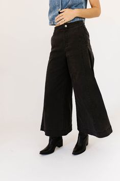 a pair of black wide-leg pants that are sooo good, you’ll never want to take them off. the high-rise + fitted waistline gives it “business casual” charisma, while the flowy loose legs keep things real + relaxed. full of versatility, you can dress them up or down for any occasion. black // wide leg, high waisted, one button zip fly, belt loops, pockets paired with our matilda mesh top + lover denim vest model is 5'8" + wearing a small measurements are approximate + taken while laying flat small : Washed Black Flare Jeans For Workwear In Fall, High Rise Wide Leg Pants With Relaxed Fit, Fall Wide Leg Pants With Relaxed Fit, Fall High-waisted Wide Leg Pants For Elevated Casual, Washed Black Flare Jeans For Workwear, Chic High-waisted Relaxed Fit Flare Jeans, Versatile Wide Leg Pants For Elevated Casual Fall Wear, Chic Wide Leg Washed Black Flare Jeans, Chic Wide Leg Flare Jeans In Washed Black