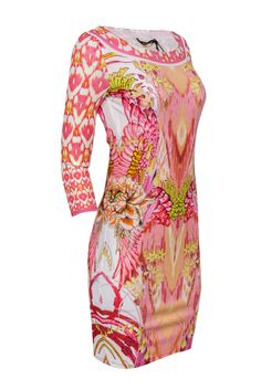 Grab this light and bright frock from Roberto Cavalli for some soft dressing at your next special occasion! Made with a printed material, this is a fitted dress that is going to hug your curves and add some classic style. Size 4 (EU 40) 100% Viscose, Made in Italy Sheath silhouette Rounded neckline Cropped sleeves No closures Waist 26" Bust 30" Total length 37.5" Fitted Patterned Summer Dresses, Stretch Mini Dress With Floral Print, Fitted Printed Mini Dress For Spring, Fitted Floral Print Patterned Dress, Knee-length Fitted Printed Mini Dress, Fitted Knee-length Printed Mini Dress, Summer Vibrant Print Patterned Dress, Patterned Printed Mini Dress, Elegant Multicolor Stretch Mini Dress