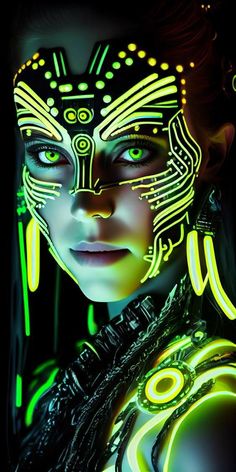 a woman with glowing makeup and neon lights on her face is looking at the camera