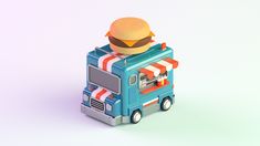 a burger truck with a hamburger on the top is shown in this low poly model