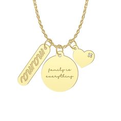 A perfect gift for a mother, this beautiful three-piece family charm necklace includes a mama engraved charm, a Family is everything engraved charm, and a heart charm with a diamond accent, all crafted in 10K yellow gold. These lovely charms hang from an adjustable 10K yellow gold rope chain that measures 16 to 18 inches long. | Three-Piece Family Charm Mama Necklace with Diamond Accent | 10K Yellow Gold | Size 18" | Helzberg Diamonds Yellow Gold Nameplate Necklace With Charms, White Gold Charm Necklace For Mom, Mother's Day Gift Name Necklace With Charms, Personalized Yellow Gold Charm Necklaces For Mother's Day, Personalized Yellow Gold Charm Necklace For Mother's Day, Mother's Day White Gold Charm Necklace, White Gold Charm Necklace For Mother's Day, Elegant Charms For Anniversary And Mother's Day, Pendant Charms For Anniversary And Mother's Day