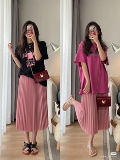 Pink Pleated Skirt Outfit, Pink Skirt Outfits, Pink Pleated Skirt, Modesty Outfits, Racun Shopee, Trendy Fashion Tops