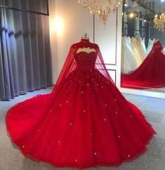 Wedding Dress With Cape, Tulle Ball Gown Wedding Dress, Red Ball Gowns, Crystal Wedding Dresses, Wedding Dress Black, Red Ball Gown, Dress With Cape, Cape Wedding Dress, Red Wedding Dresses