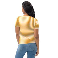 This Orange And White Striped Women's T-shirt is a trendy and stylish addition to any wardrobe. Made from a blend of 95% polyester and 5% elastane, it offers a comfortable and stretchy fit that hugs your curves in all the right places. The vibrant orange and white stripes add a pop of color to your outfit, making it perfect for both casual and dressier occasions. With its regular fit, this t-shirt is versatile and can be paired with jeans, shorts, or skirts for a chic and effortless look. Whether you're heading out for a day of shopping or meeting up with friends, this t-shirt is a must-have for any fashion-forward woman. See more striped clothing + FEATURES + 95% polyester, 5% elastane (fabric composition may vary by 1%) Premium knit mid-weight jersey Four-way stretch fabric that stretche Basic Elastane T-shirt For Spring, Trendy Fitted Elastane T-shirt, Spring Crew Neck T-shirt In Elastane, Spring Crew Neck T-shirt, Spring Crew Neck Elastane T-shirt, Trendy Graphic Print Tops In Elastane, Casual Short Sleeve Crew Neck Top In Elastane, Striped Stretch Short Sleeve T-shirt, Stretch Striped Short Sleeve T-shirt