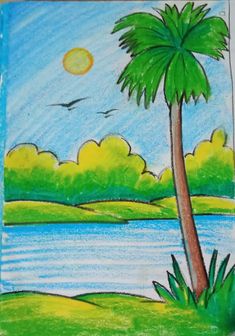 a drawing of a palm tree next to a body of water