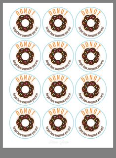 six donut stickers with the words donut on them