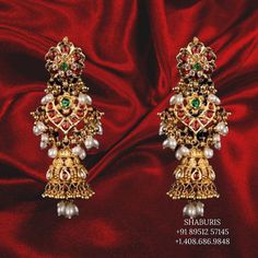 Antique Jhumka,antique buttalu indian,indian gold earrings,chandbali jhumka,ruby emerald jhumka,chandbali earrings,silver Jadtar Earrings, Indian Gold Earrings, Earrings Chandbali, Antique Jhumka, Saree Function, Blouse Works, Antique Gold Earrings, Blouse Ideas, Gold Jhumka Earrings