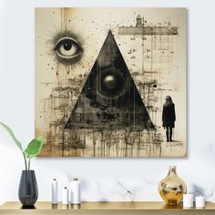 a painting with an eye and a person standing in front of it