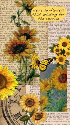 sunflowers and butterflies collage on an old book page