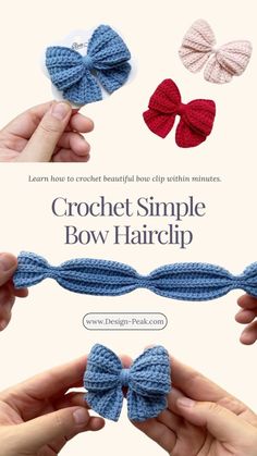 crochet simple bow hairclip is shown in three different colors and sizes