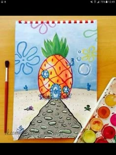 a pineapple is sitting on top of a hill next to some watercolors