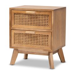 the side table has two drawers and is made from wood with wickers on it