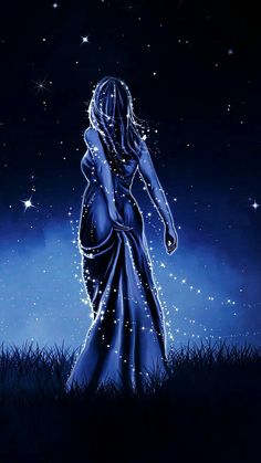 a painting of a woman standing in the grass at night, with stars above her