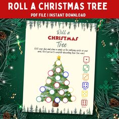 roll a christmas tree game with the words roll a christmas tree on it and an image of