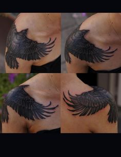 four pictures of the back of a woman's shoulder with black wings