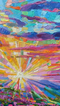 an abstract painting of colorful clouds and sun rays