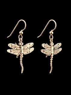 "This pair of detailed Dragon Fly earrings hover gracefully beneath your ears! They are cast in solid 14K gold and have a 1\" wing span. Sturdy 14K gold French Hook Ear Wires are included in the price. This item usually ships the same or next business day. All Marty Magic Jewelry is packaged in a beautiful box, embossed with the gold foil Marty Magic dragon logo. Perfect for any occasion! Designed in Santa Cruz California by Marty Magic. Made in the U.S.A." Dragon Fly Earrings, Nickel-free Gold Dragonfly Jewelry, Elegant Dragonfly Jewelry With Ear Wire, Elegant Sterling Silver Dragonfly Earrings, Elegant Dragonfly Earrings With Ear Wire, Elegant Hypoallergenic Dragonfly Earrings, Elegant Gold Dragonfly Jewelry, Nickel-free Gold Dragonfly Earrings, Gold Dragonfly Earrings For Gift