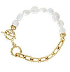 A modern take on classic pearls, the combination of pearls and brass links gives off the quintessential cool girl vibes. * Metal: Gold is 16K gold plated over brass with a satin finish * Length: 7.3 inches to first toggle ring and 8.2 inches to the second * Width: 6.9 mm * Gemstone: 8-10 mm freshwater pearl Modern Pearl Chain Bracelet, Classic Gold Chain Bracelet With Pearl Charm, Gold Pearl Bracelet With Chain, Everyday Minimalist Pearl Bracelet With Metal, Chic White Pearl Bracelet, Everyday Minimalist Pearl Bracelet, Gold Pearl Charm Chain Bracelet, Classic Gold-plated Pearl Chain Bracelet, Gold Plated Classic Pearl Bracelet