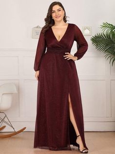 Plus Size Evening Dresses, Glitter Prom Dress, Burgundy Evening Dress, Glamorous Evening Dresses, Shimmer Fabric, Evening Gowns With Sleeves, Formal Evening Wear, Evening Dresses Online, Plus Size Formal