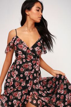 Adalynn Black Floral Print Off-the-Shoulder Wrap Maxi Dress 5 Stylish Dresses For Wedding, Dresses Appropriate, Dresses Casual Long, Casual Long Dresses, Long Dresses For Women, Latest Fashion Dresses, Make Fashion, Dresses For Weddings, Shoulder Wrap