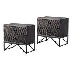 two nightstands side by side with black wood and metal accents