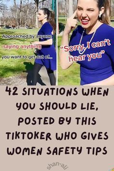 a woman in blue shirt standing next to a sign with words on it and an image of