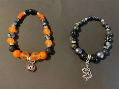 "These pumpkin or skeleton bracelets will be handmade with love after purchase. They are perfect for halloween but also for all-year-around. Every bracelet is unique, so it might be that your own bracelet is a bit different to the example pictures. Beads are of different materials (glass, plastic, lava stone, gem stones, etc) and the charms are of Tibetan \"fake silber\". If you have any wishes regarding your orders, please let me know in the \"customisation\" box. ---SIZE--- By measuring your w Halloween Gift Beaded Bracelets, Orange Beaded Bracelets For Halloween Gift, Spooky Halloween Bracelets For Gift, Spooky Halloween Gift Bracelets, Novelty Beaded Bracelets For Halloween Gift, Orange Halloween Gift Bracelet, Handmade Beaded Bracelets For Halloween, Halloween Gift Bracelets With Round Beads, Handmade Halloween Novelty Bracelets