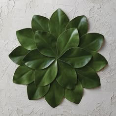 a large green leaf shaped wall decoration on a white wall with no one around it