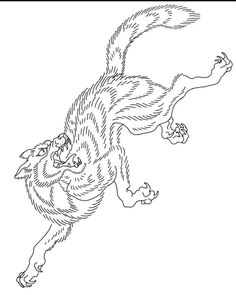 a black and white drawing of a dog with its mouth open, flying through the air