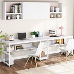 a white desk with two chairs and a laptop computer on it in front of a bookcase