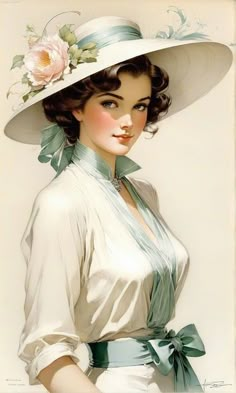 a woman wearing a white hat with a flower on it's brim and green ribbon around her neck