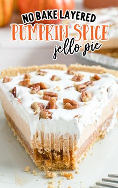 no bake layered pumpkin spice jello pie on a white plate with a fork