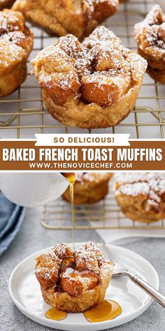 baked french toast muffins are being drizzled with syrup