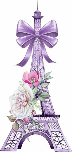 the eiffel tower with pink flowers and a bow on it's side