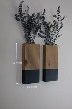 two wooden vases with plants in them on a wall