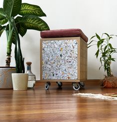 a wooden box sitting on top of a hard wood floor next to potted plants