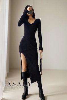 Lasaky - Classy Womens Knitted High-Waisted V-Neck Bodycon Dress with Elegant Lace Hollow Out Detailing Spy Aesthetic, Khaki Sweater, Ribbed Bodycon Midi Dress, Afrikaanse Mode, Marine Uniform, French Dress, Khaki Dress, Long Black Dress, Black Bodycon Dress