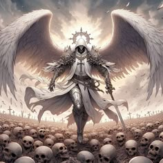 an angel standing in the middle of a field full of skulls with wings over his head