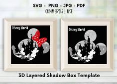 two disney world silhouettes are shown in the shadow box