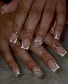 Bday Short Nails Ideas, 3d Gel Flower Nails Square, White Nail Designs Short Square, Flower On Nails Acrylic, Senior Portraits Nails, 3d Flower Nails Short Square, Short French Design Nails, Short Nails For Graduation, 3d Nail Designs Square